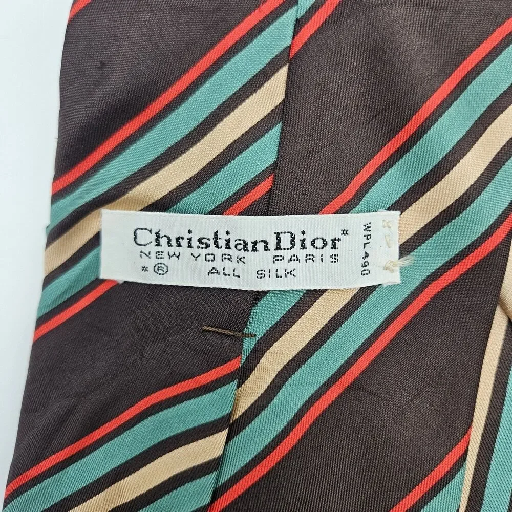 VTG Christian Dior Silk Brown Base Stripe Tie Old Money Designer 56.5x4 1/8